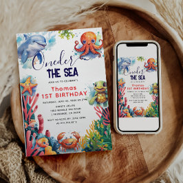 かわいい子供の水色ワンダーザ海の最初の誕生日 招待状