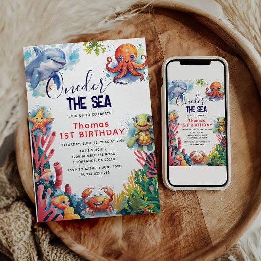 かわいい子供の水色ワンダーザ海の最初の誕生日 招待状