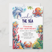 かわいい子供の水色ワンダーザ海の最初の誕生日 招待状 (正面)