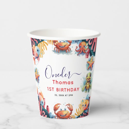 かわいい子供の水色ワンダーザ海の最初の誕生日 紙コップ (正面)