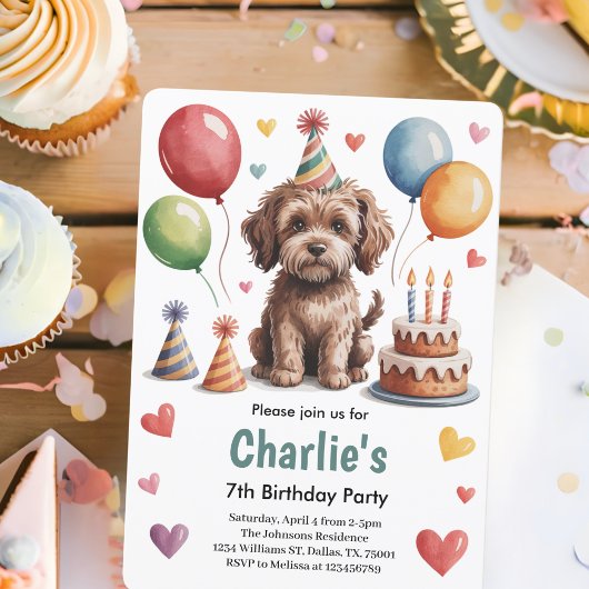 かわいい子供の犬の7歳の誕生日パーティー 招待状