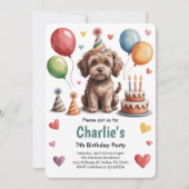 かわいい子供の犬の7歳の誕生日パーティー 招待状 (正面)