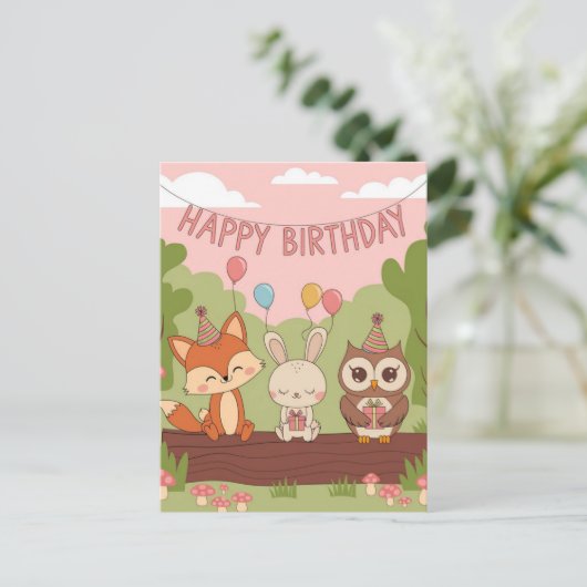 かわいい子供の誕生日デザイン - キツネ、ウサギ、フクロウ ポストカード (スタンド正面)