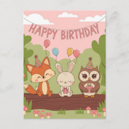 かわいい子供の誕生日デザイン - キツネ、ウサギ、フクロウ ポストカード