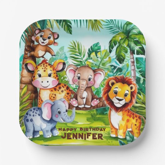 かわいい子供の誕生日パーティージャングルサファリアニマル ペーパープレート (正面)