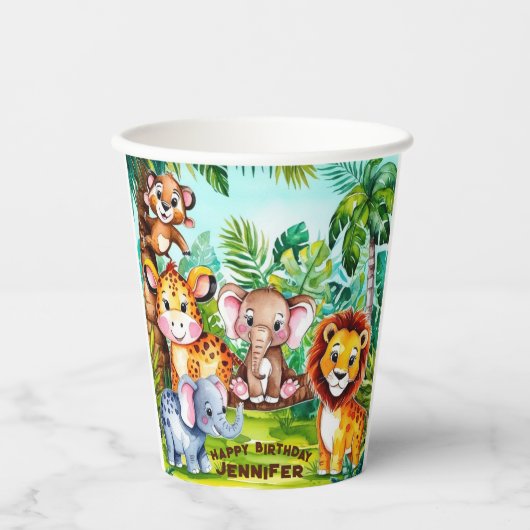 かわいい子供の誕生日パーティージャングルサファリアニマル 紙コップ (正面)