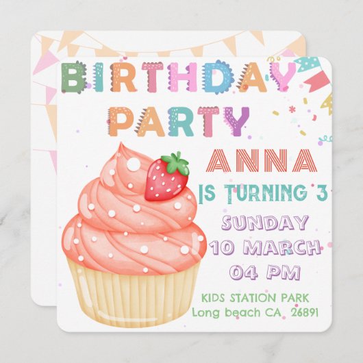 かわいい子供の誕生日招待状カード 招待状 (正面/裏面)