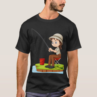かわいい子供の釣り漫画イラスト - 魚を釣るおもしろいデザイン Tシャツ