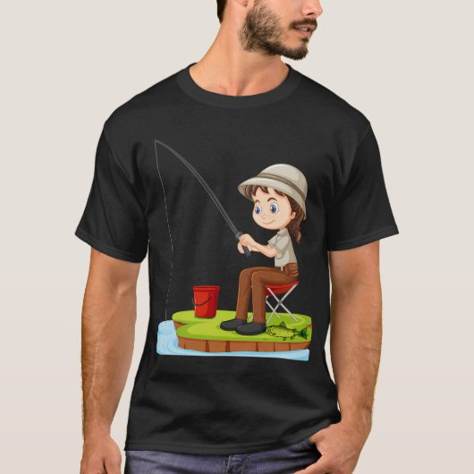 かわいい子供の釣り漫画イラスト - 魚を釣るおもしろいデザイン Tシャツ (正面)