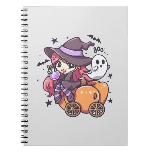 かわいい子供の魔女がカボチャの車に座っている ノートブック (正面)