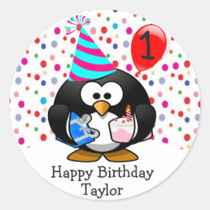 かわいい子供の1歳の誕生日おめでとうペンギン ラウンドシール