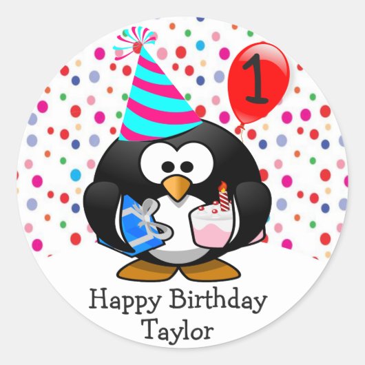 かわいい子供の1歳の誕生日おめでとうペンギン ラウンドシール (正面)