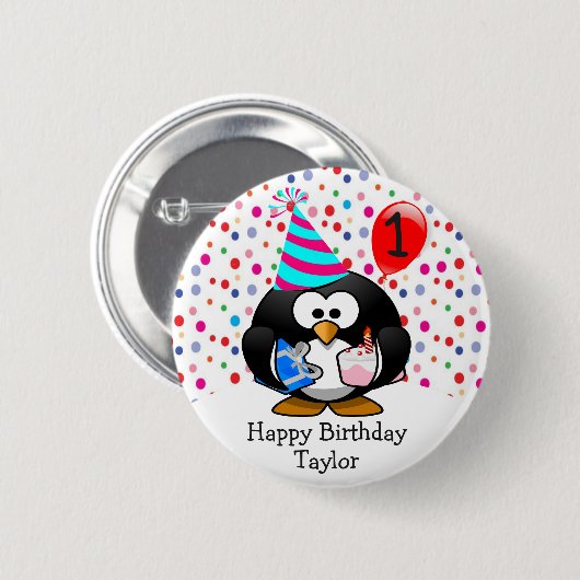 かわいい子供の1歳の誕生日おめでとうペンギン 缶バッジ (正面&裏面)