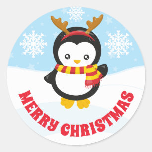 かわいい子供ペンギンのは鹿の角 メリークリスマス ラウンドシール