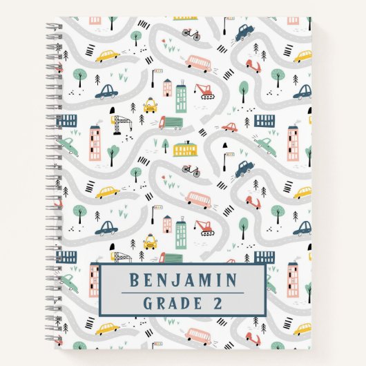 かわいい子供向け漫画の道路と車の手描きパターン ノートブック (正面)
