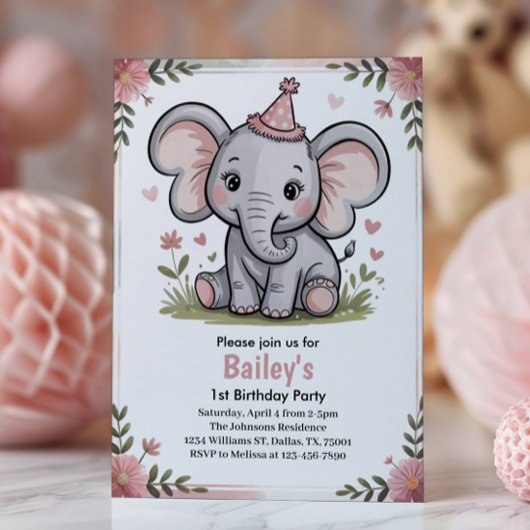 かわいい子供用のピンクの象の誕生日パーティー 招待状