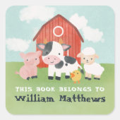 かわいい子供用の農場の動物の学校図書館ブックプレート スクエアシール (正面)