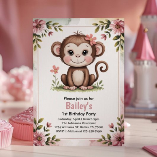 かわいい子供用ピンクのサル 1歳の誕生日パーティー 招待状