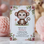 かわいい子供用ピンクのサル 1歳の誕生日パーティー 招待状