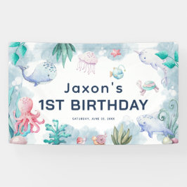 かわいい子供用水彩画の海の中の1歳の誕生日 横断幕