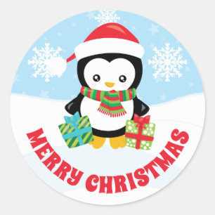 かわいい子供 赤いサンタ帽子 ペンギン メリークリスマス ラウンドシール