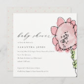 かわいい子描ピンクの花植物性の赤ちゃんシャワー 招待状 (正面/裏面)