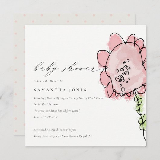 かわいい子描ピンクの花植物性の赤ちゃんシャワー 招待状 (正面/裏面)