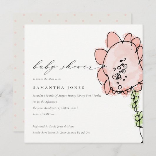 かわいい子描桃の花の植物性ベビーシャワー 招待状 (正面/裏面)