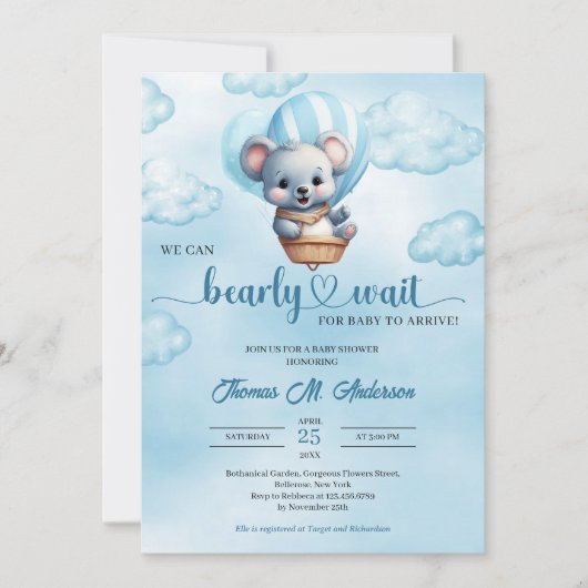 かわいい子熊と熱気球のベイビーシャワー　ベイビーシャワーのお知らせ 招待状 (正面)