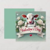 かわいい子牛がバレンタインデーのグリーティングバナーを手に持つ シーズンカード (正面/裏面)