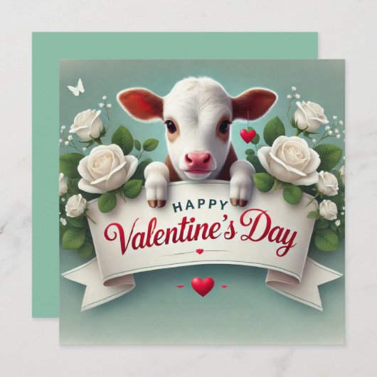 かわいい子牛がバレンタインデーのメッセージングバナーを手にしている シーズンカード (正面/裏面)