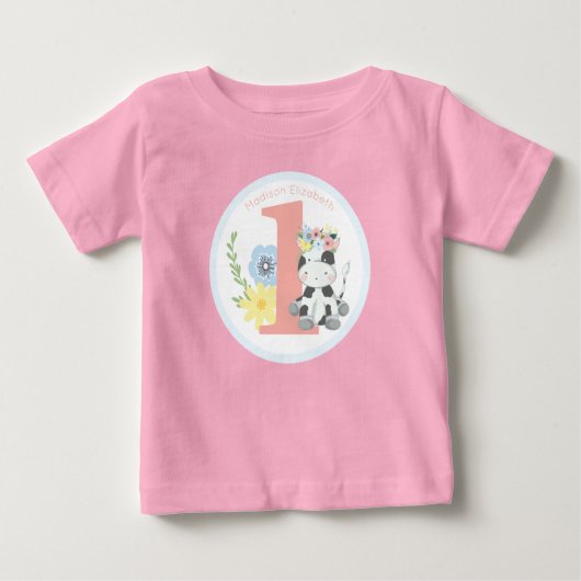 かわいい子牛の花冠 ナンバーワン 1歳の誕生日パーティー ベビーTシャツ (正面)