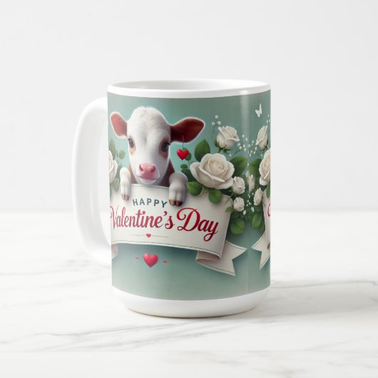 かわいい子牛持ちバレンタインデーの挨拶バナー コーヒーマグカップ (正面左)