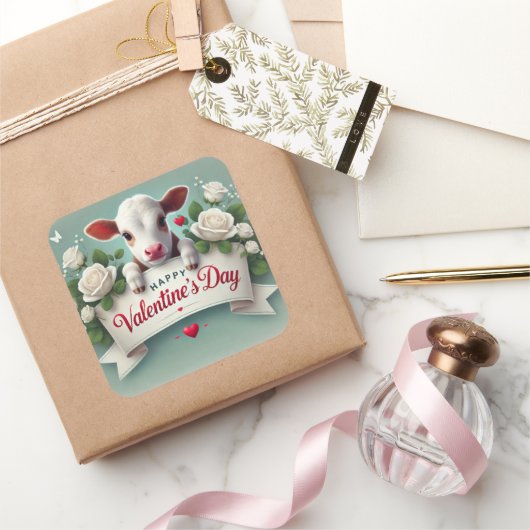 かわいい子牛持ちバレンタインデーの挨拶バナー スクエアシール (ギフト)