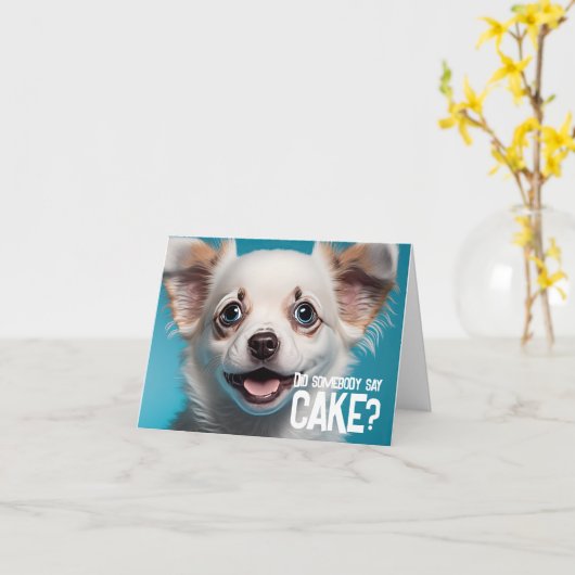 かわいい子犬おもしろい犬ケーキハッピーバースデー カード (黄色い花)