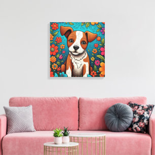 かわいい子犬お洒落とフォークアートの花 キャンバスプリント