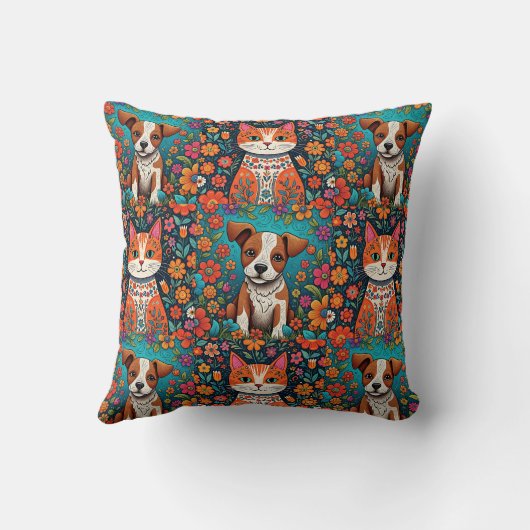 かわいい子犬お洒落とフォークアートの花 クッション (裏面)