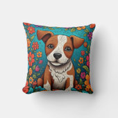 かわいい子犬お洒落とフォークアートの花 クッション (正面)