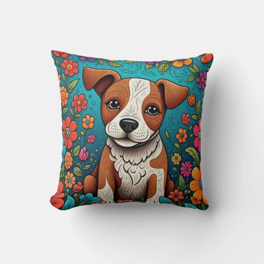 かわいい子犬お洒落とフォークアートの花 クッション (正面)