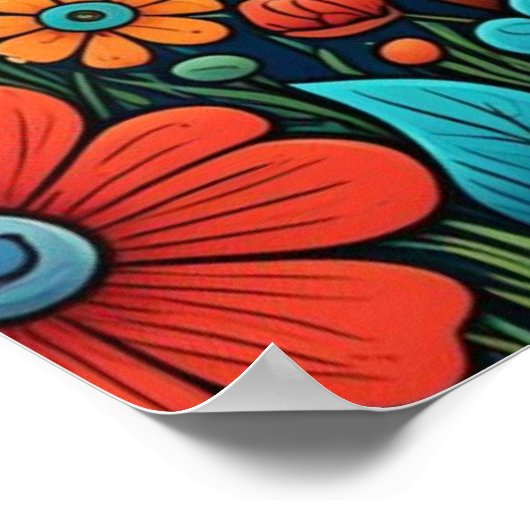 かわいい子犬お洒落とフォークアートの花 ポスター (角)