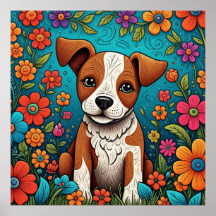 かわいい子犬お洒落とフォークアートの花 ポスター