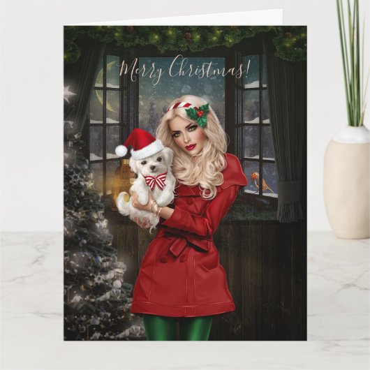 かわいい子犬がいるクリスマス美少女 サンキューカード (正面)