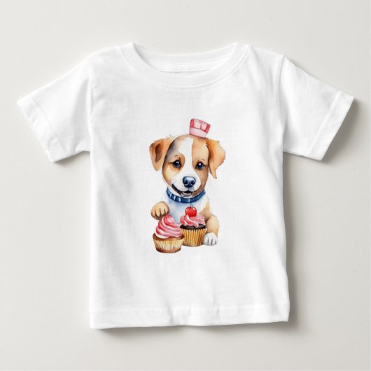 かわいい子犬がケーキを食べている ベビーTシャツ (正面)