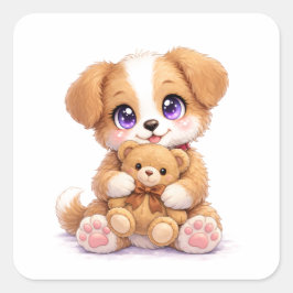 かわいい子犬がテディベアを持っているスクエアステッカー スクエアシール