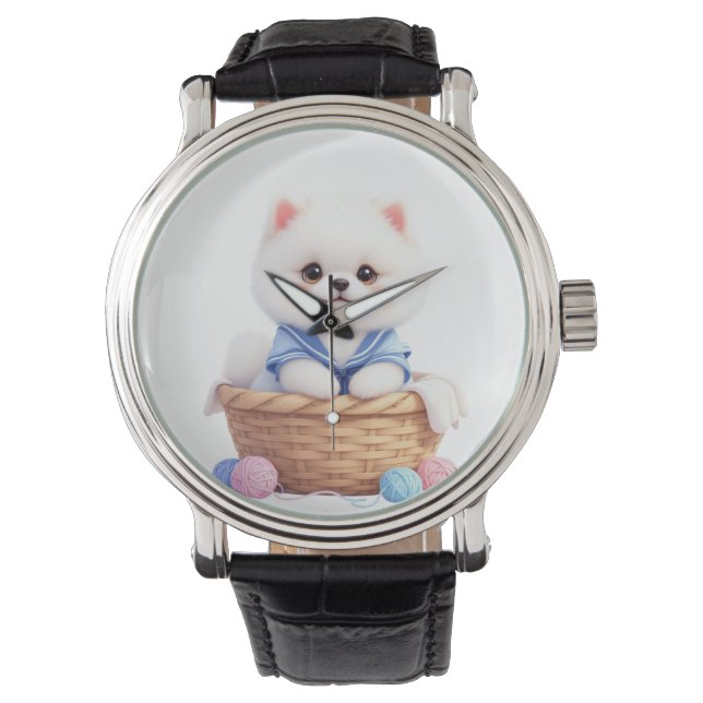かわいい子犬がバスケットに入ったeWatch Watch 腕時計 (正面)