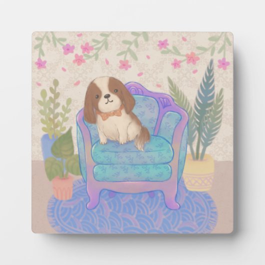 かわいい子犬がビンテージの肘掛け椅子に座るイラスト フォトプラーク (正面)