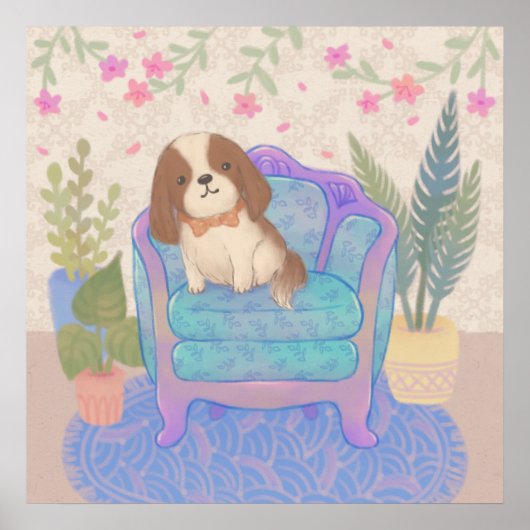 かわいい子犬がヴィンテージの肘掛け椅子に座るイラスト ポスター (正面)