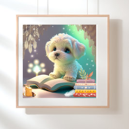 かわいい子犬が本を読む ぬいぐるみアート ポスター