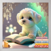 かわいい子犬が本を読む ぬいぐるみアート ポスター (正面)