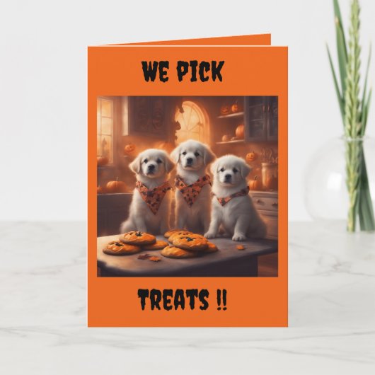 かわいい子犬たちがハロウィンのお菓子を選ぶ カード (正面)